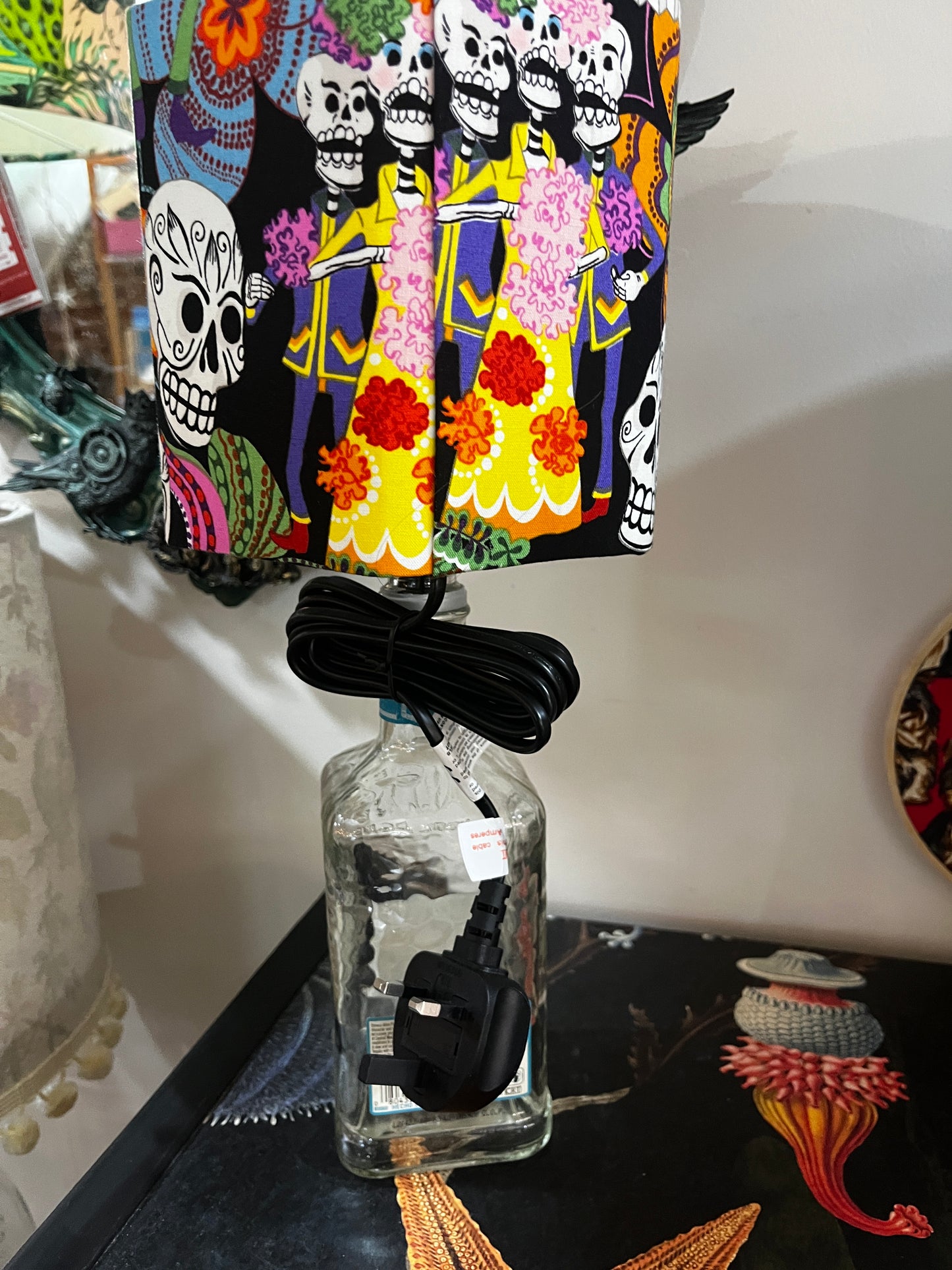 Upcycled Altos Tequila Bottle lamp with Handmade 15cm Hexagonal Lampshade Alexander Henry Sugar Skull / Día de Los Muertos Fabric