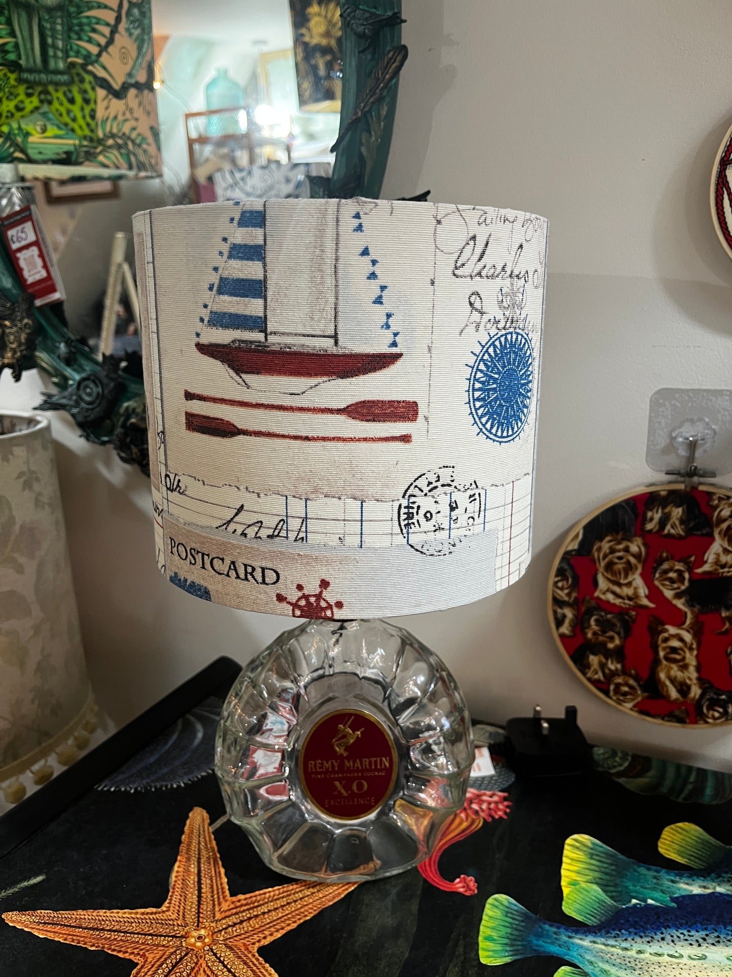 Upcycled Remy Martin XO Cognac Bottle lamp with Handmade 20cm Nautical Lampshade