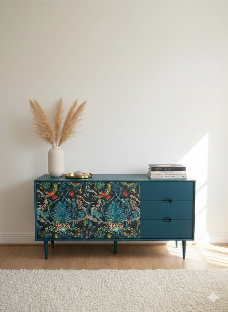 Large sideboard with Frenchic steel Teal and Emma Shipley Wallpaper Brits Love Vintage Whitstable With Vase and Pampas grass  on top 
