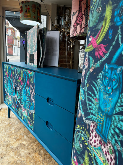 Shop window with large upcyled sideboard with Frenchic steel Teal and Emma Shipley Wallpaper Brits Love Vintage Whitstable