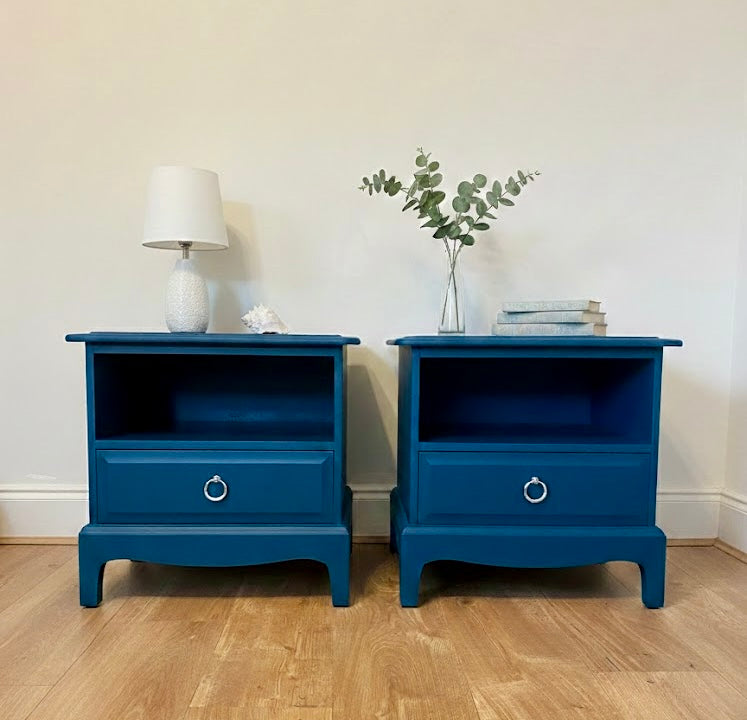 Pair of Upcycled Stag Bedside Cabinets Painted in Frenchic Steel Teal Colour of the Year Brits Love Vintage Whitstable 