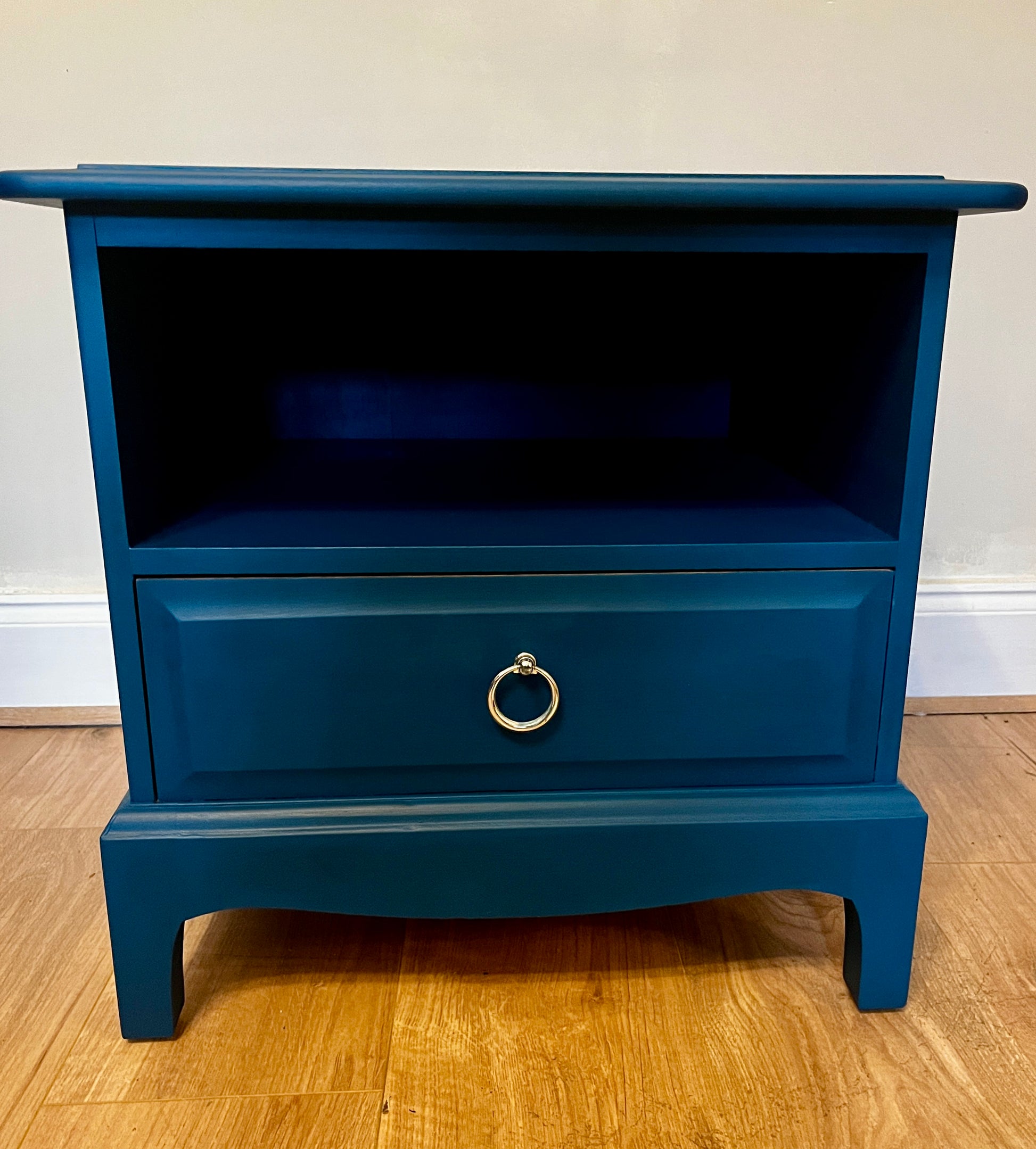 Pair of Upcycled Stag Bedside Cabinets Painted in Frenchic Steel Teal Colour of the Year Brits Love Vintage Whitstable 