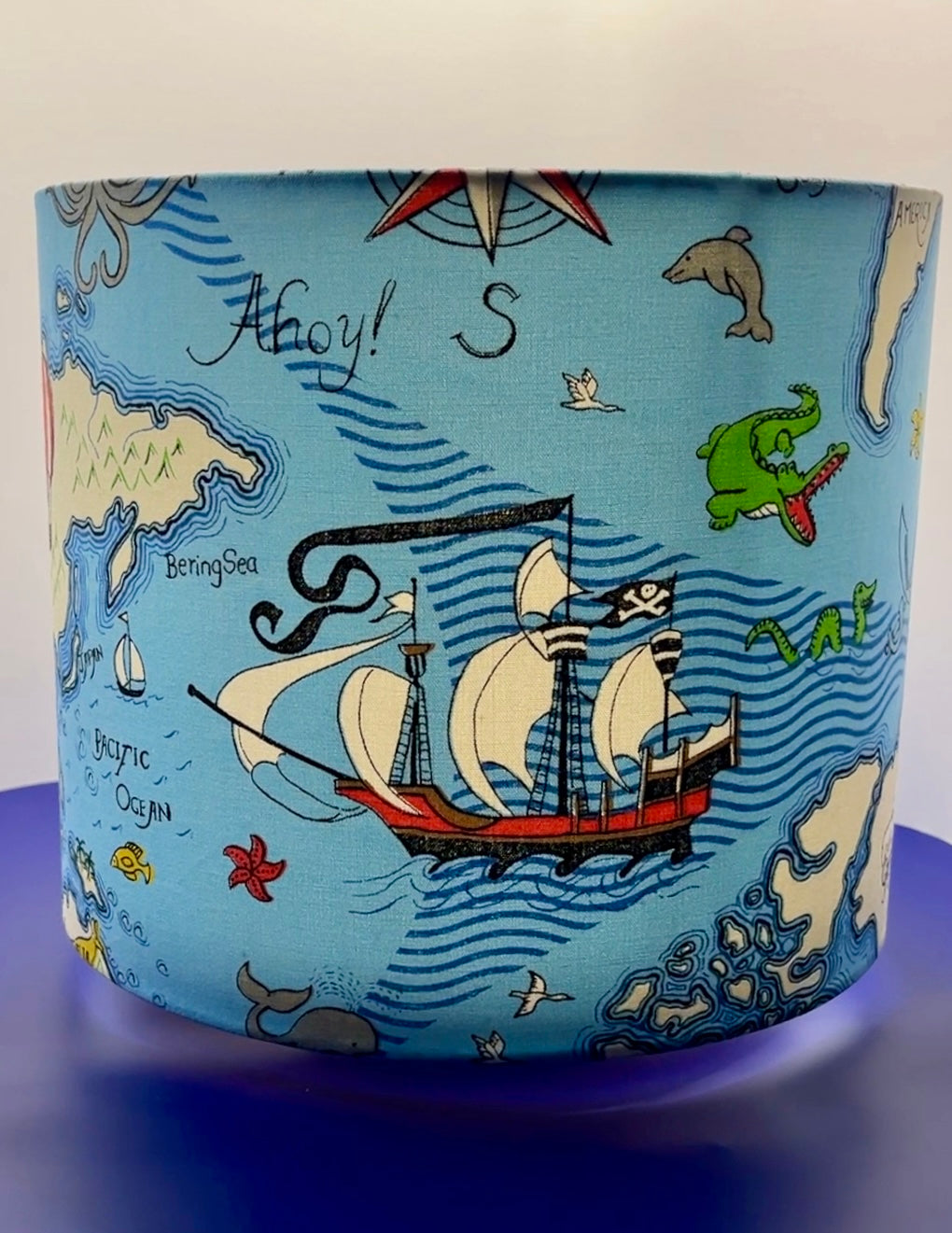 Handmade Nautical Blue Lampshade Made with Sandersons Treasure Map Fabric.