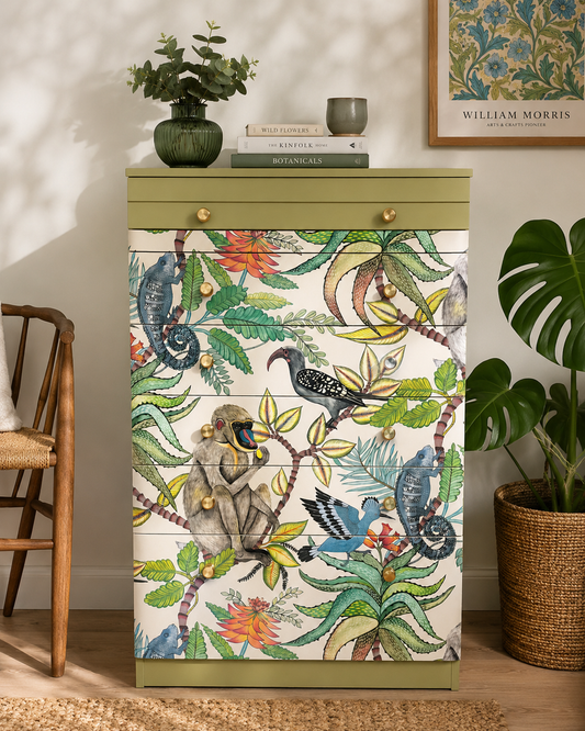 Retro drawers decoupaged with Cole and Son Savuti