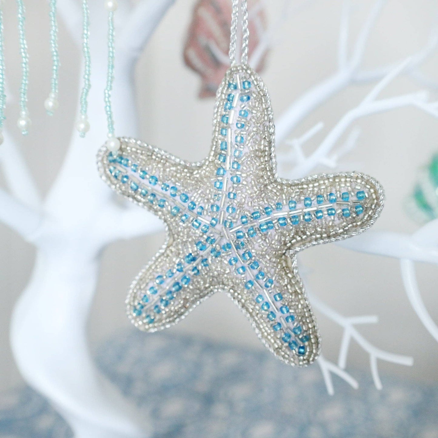 Cream Cornwall - Beaded Blue Starfish Hanging Decoration.