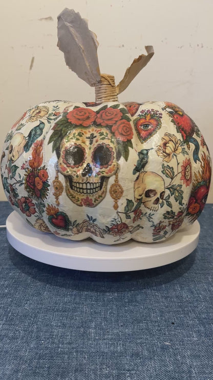 Dias De Los Muertos, Decoupaged Paper Mâché Pumpkin